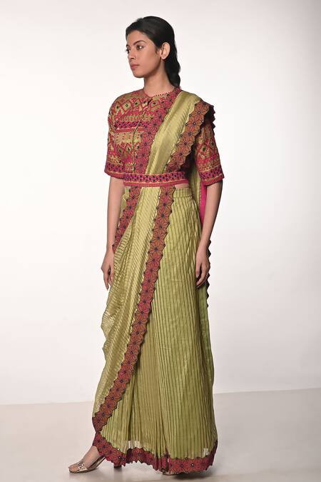 Soumodeep Dutta_Green Silk, Handloom Cotton Embroidery, Mirrors Block Print Skirt Saree Set_Online_at_Aza_Fashions