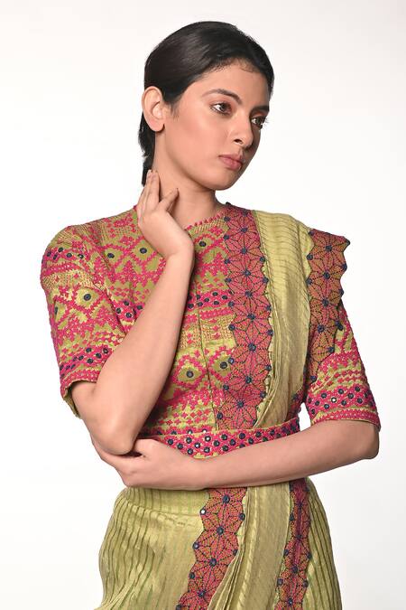 Buy_Soumodeep Dutta_Green Silk, Handloom Cotton Embroidery, Mirrors Block Print Skirt Saree Set_Online_at_Aza_Fashions