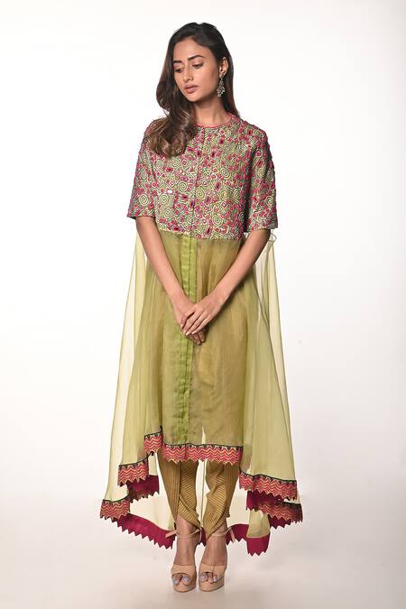 Soumodeep Dutta Green Chanderi, Silk Organza, Handloom Cotton Mirrors, Thread Tunic And Skirt Set Online at Aza Fashions Soumodeep Dutta_Green Chanderi, Silk Organza, Handloom Cotton Mirrors, Thread Tunic And Skirt Set_Online_at_Aza_Fashions