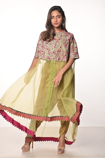 Buy_Soumodeep Dutta_Green Chanderi, Silk Organza, Handloom Cotton Mirrors, Thread Tunic And Skirt Set_Online_at_Aza_Fashions
