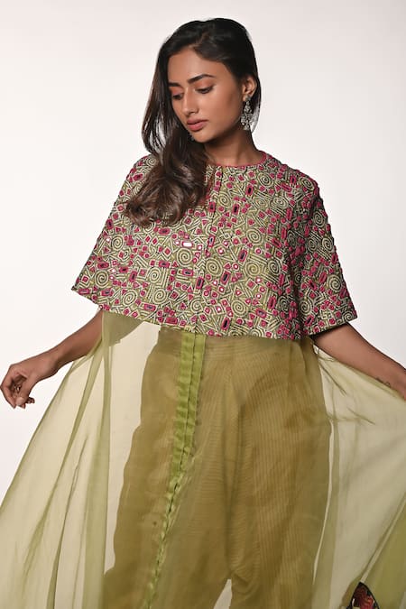 Soumodeep Dutta_Green Chanderi, Silk Organza, Handloom Cotton Mirrors, Thread Tunic And Skirt Set_at_Aza_Fashions