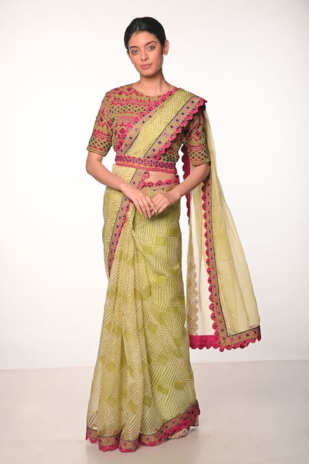 Soumodeep Dutta Green Silk Organza Block Printed Thread And Hand Embroidered Saree With Blouse 