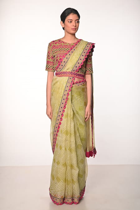 Soumodeep Dutta_Green Silk Organza Mirrors, Embroidery Round Printed And Hand Saree With Blouse _Online_at_Aza_Fashions