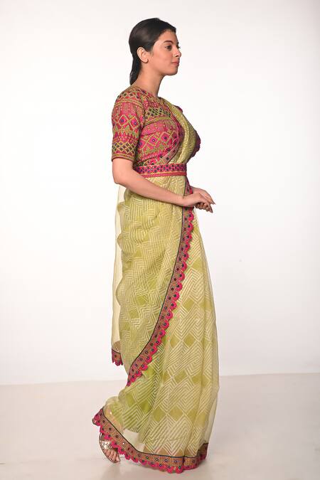 Buy_Soumodeep Dutta_Green Silk Organza Mirrors, Embroidery Round Printed And Hand Saree With Blouse _Online_at_Aza_Fashions