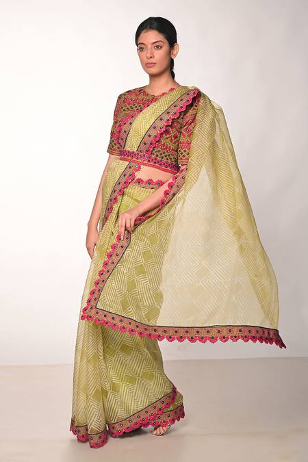 Shop_Soumodeep Dutta_Green Silk Organza Mirrors, Embroidery Round Printed And Hand Saree With Blouse _Online_at_Aza_Fashions