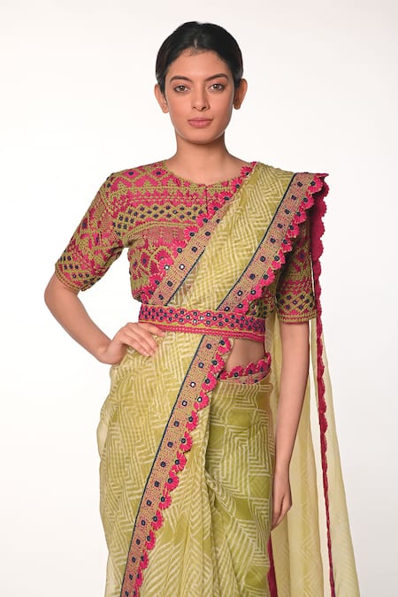 Soumodeep Dutta_Green Silk Organza Mirrors, Embroidery Round Printed And Hand Saree With Blouse _at_Aza_Fashions