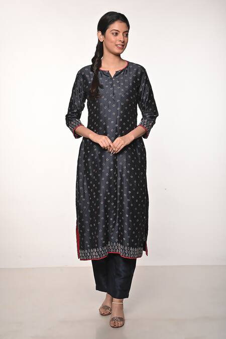 Soumodeep Dutta_Blue Chanderi, Cotton Embroidery Split Block Print Kurta And Straight Pant Set_Online_at_Aza_Fashions
