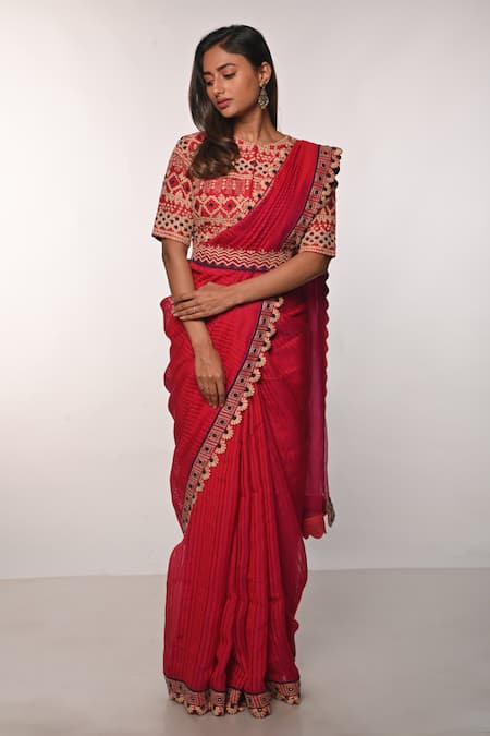 Soumodeep Dutta Red Handloom Silk Block Printed Thread And Hand Embroidered Saree With Blouse 