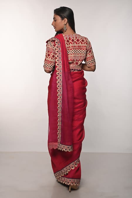 Soumodeep Dutta Printed & Hand Embroidered Saree With Blouse 