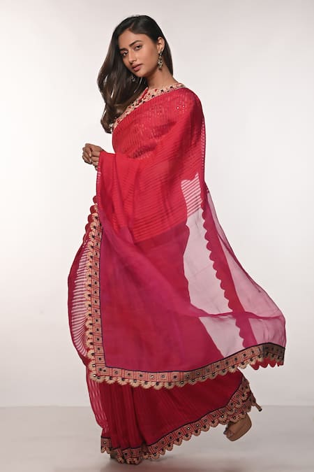 Buy_Soumodeep Dutta_Red Handloom Cotton Mirrors, Embroidery Round Printed And Hand Saree With Blouse _Online_at_Aza_Fashions