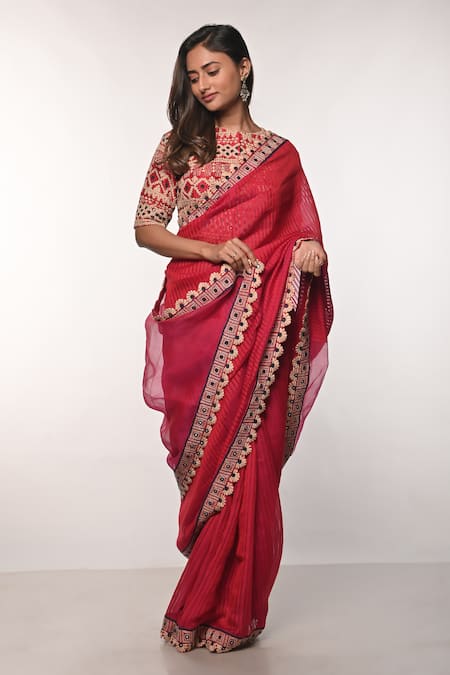 Shop_Soumodeep Dutta_Red Handloom Cotton Mirrors, Embroidery Round Printed And Hand Saree With Blouse _Online_at_Aza_Fashions