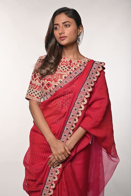 Soumodeep Dutta_Red Handloom Cotton Mirrors, Embroidery Round Printed And Hand Saree With Blouse _at_Aza_Fashions