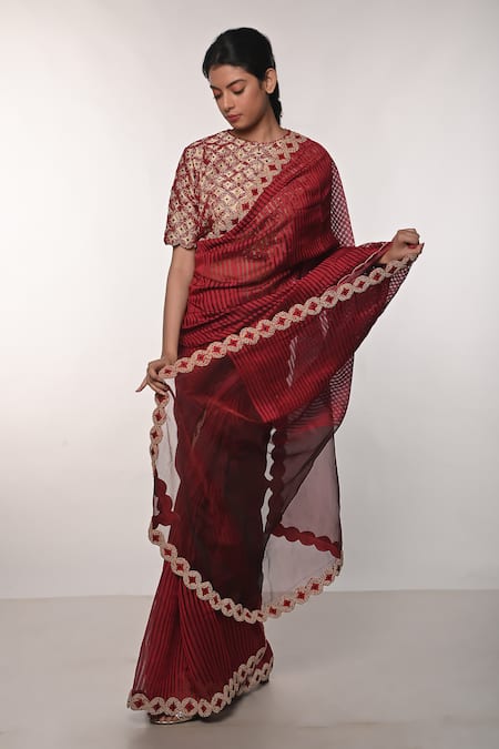 Soumodeep Dutta Red Handloom Silk Printed Striped Round Border Embroidered Saree With Blouse 