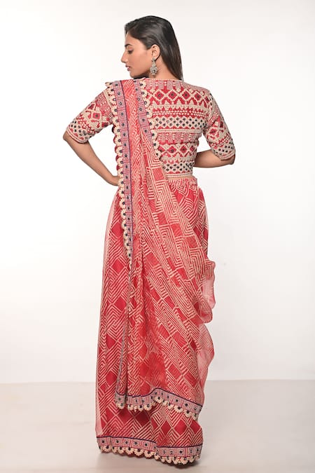 Soumodeep Dutta Block Print Skirt Saree Set 