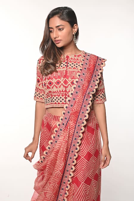 Buy_Soumodeep Dutta_Red Handloom Cotton Embroidery, Mirrors Round Neck Block Print Skirt Saree Set _Online_at_Aza_Fashions
