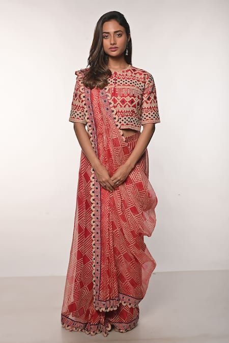 Shop_Soumodeep Dutta_Red Handloom Cotton Embroidery, Mirrors Round Neck Block Print Skirt Saree Set _Online_at_Aza_Fashions