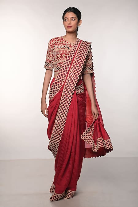 Soumodeep Dutta Red Handloom Silk Block Printed Thread Border Embroidered Saree With Blouse 