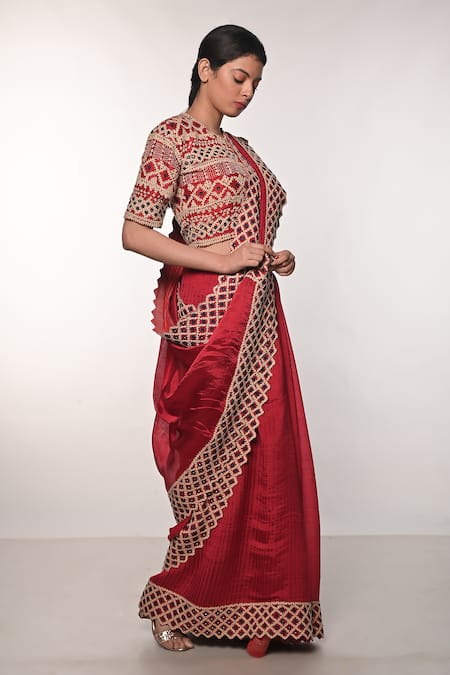 Shop_Soumodeep Dutta_Red Handloom Cotton, Silk Mirrors, Embroidery Round Border Saree With Blouse _Online_at_Aza_Fashions