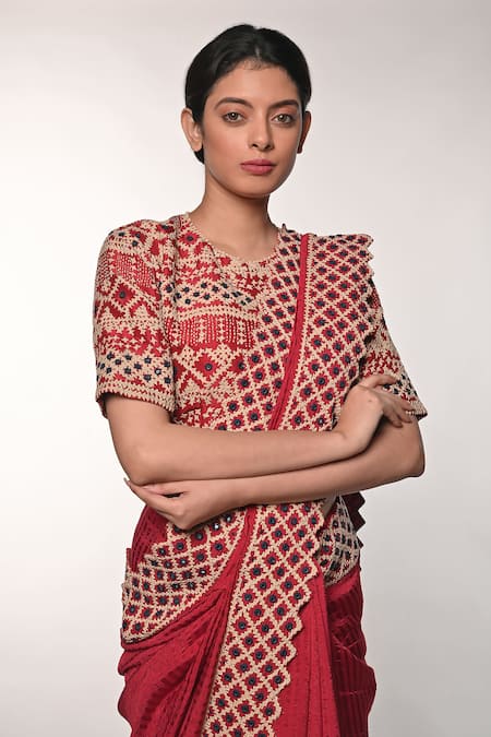 Soumodeep Dutta_Red Handloom Cotton, Silk Mirrors, Embroidery Round Border Saree With Blouse _at_Aza_Fashions