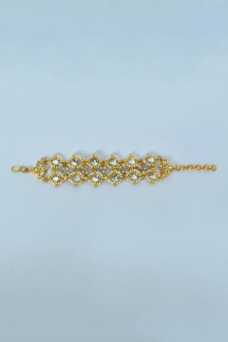 Just Shradhas_Gold Plated Pearls, Beads Kundan Embellished Bracelet _Online_at_Aza_Fashions