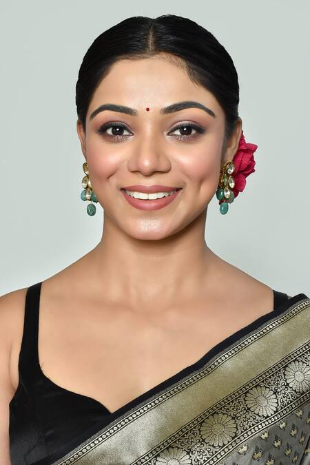 Shop_Just Shradhas_Gold Plated Diamonds, Pearls, Beads Drop Pattern Embellished Earrings _Online_at_Aza_Fashions