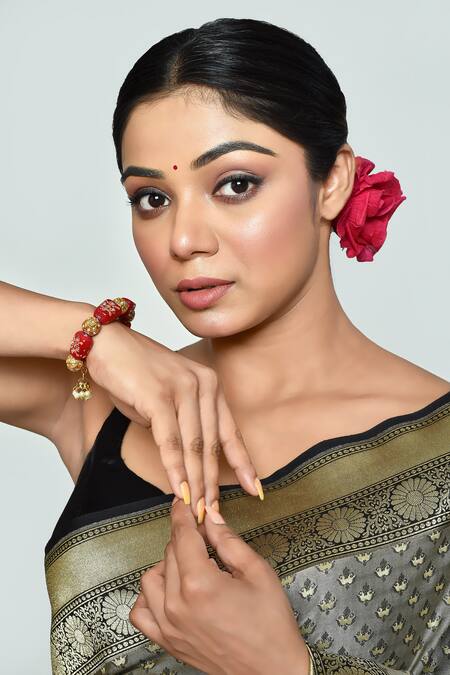 Shop_Just Shradhas_Gold Plated Crystals, Pearls Stone Embellished Bracelet _Online_at_Aza_Fashions