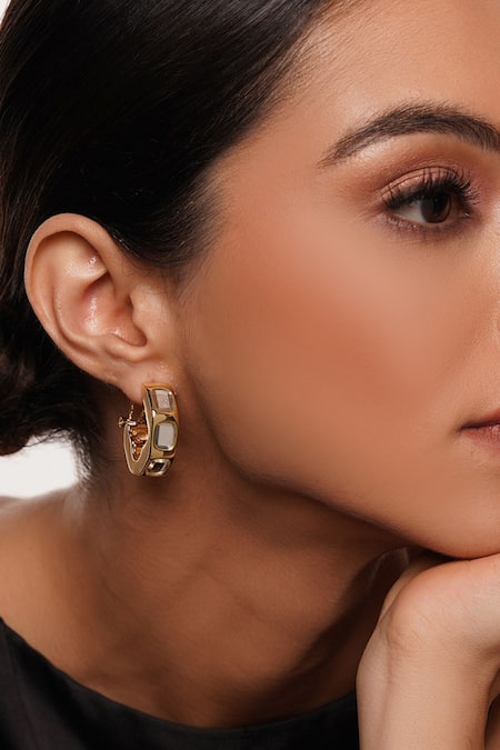 Shop_Isharya_Gold Plated Mirrors Just Jamiti Hoops _at_Aza_Fashions