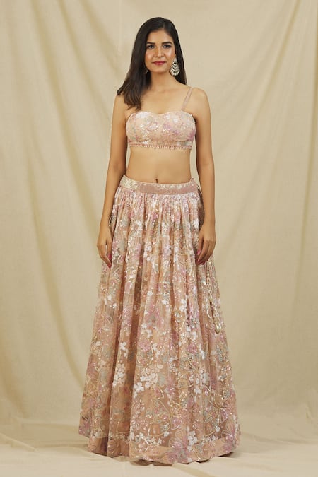 Rohini Bedi_Beige Net Embroidery Sequin Sweetheart Neck Bridal Lehenga Set _Online_at_Aza_Fashions