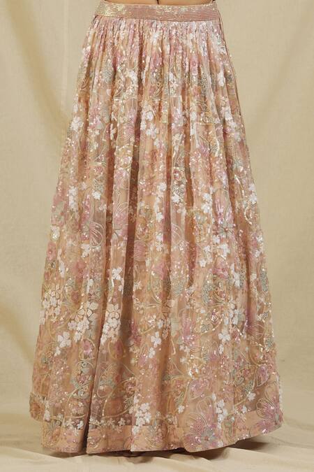 Rohini Bedi_Beige Net Embroidery Sequin Sweetheart Neck Bridal Lehenga Set _at_Aza_Fashions