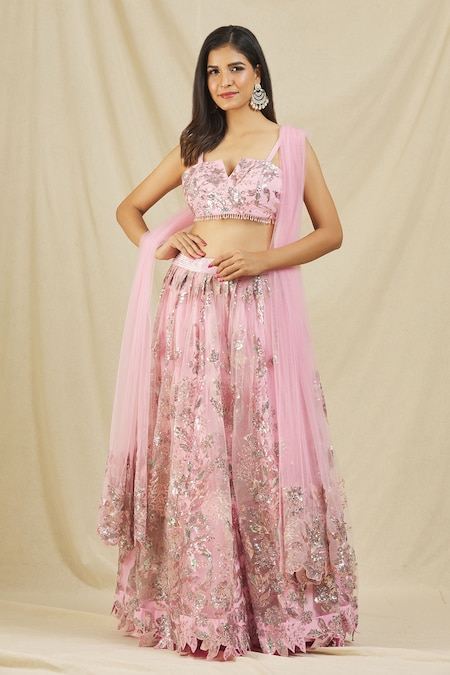 Rohini Bedi Pink Net Embroidery Sequin Notched Bridal Lehenga Set 