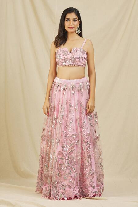 Rohini Bedi_Pink Net Embroidery Sequin Notched Lehenga Set _Online_at_Aza_Fashions