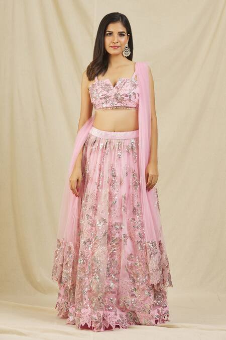 Buy_Rohini Bedi_Pink Net Embroidery Sequin Notched Lehenga Set _Online_at_Aza_Fashions
