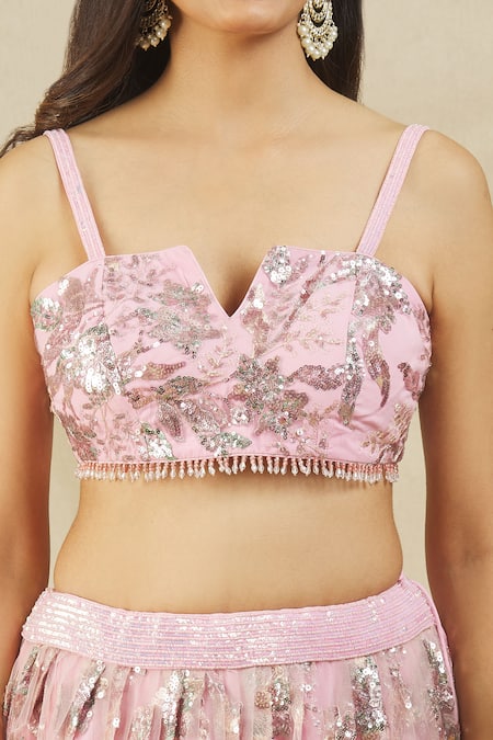 Shop_Rohini Bedi_Pink Net Embroidery Sequin Notched Lehenga Set _Online_at_Aza_Fashions