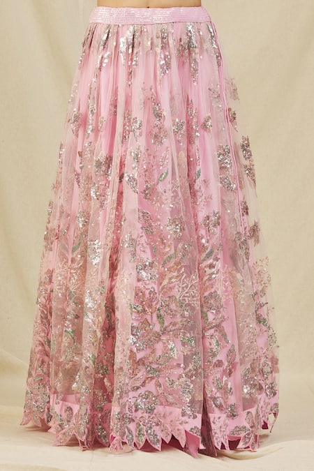 Rohini Bedi_Pink Net Embroidery Sequin Notched Lehenga Set _at_Aza_Fashions