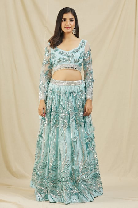 Rohini Bedi_Blue Net Embroidery Bead Notched Bridal Lehenga Set _Online_at_Aza_Fashions