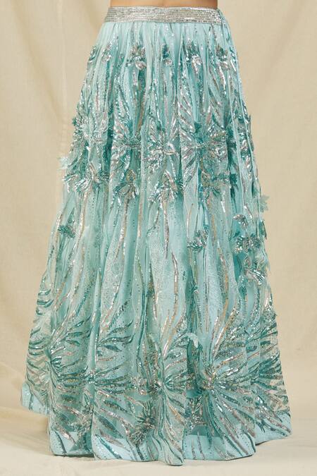 Rohini Bedi_Blue Net Embroidery Bead Notched Bridal Lehenga Set _at_Aza_Fashions