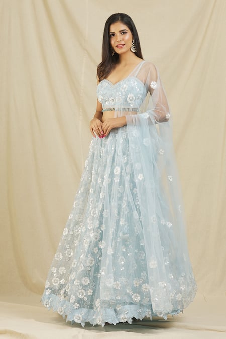 Shop_Rohini Bedi_Blue Net Embroidery Sequin Sweetheart Neck Flower Applique Bridal Lehenga Set _Online_at_Aza_Fashions