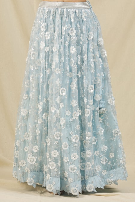 Rohini Bedi_Blue Net Embroidery Sequin Sweetheart Neck Flower Applique Bridal Lehenga Set _at_Aza_Fashions
