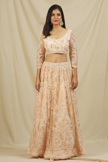 Rohini Bedi Peach Net Embroidery Thread U Neck Floral Bridal Lehenga Set Online at Aza Fashions Rohini Bedi_Peach Net Embroidery Thread U Neck Floral Bridal Lehenga Set _Online_at_Aza_Fashions