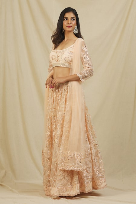 Shop Rohini Bedi Peach Net Embroidery Thread U Neck Floral Bridal Lehenga Set Online at Aza Fashions Shop_Rohini Bedi_Peach Net Embroidery Thread U Neck Floral Bridal Lehenga Set _Online_at_Aza_Fashions