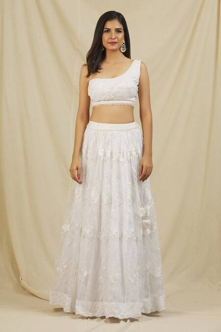 Rohini Bedi_White Net Embroidery Sequin Asymmetric Lehenga One Shoulder Blouse Set _Online_at_Aza_Fashions