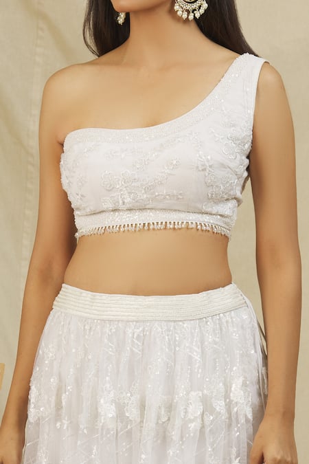 Shop_Rohini Bedi_White Net Embroidery Sequin Asymmetric Lehenga One Shoulder Blouse Set _Online_at_Aza_Fashions