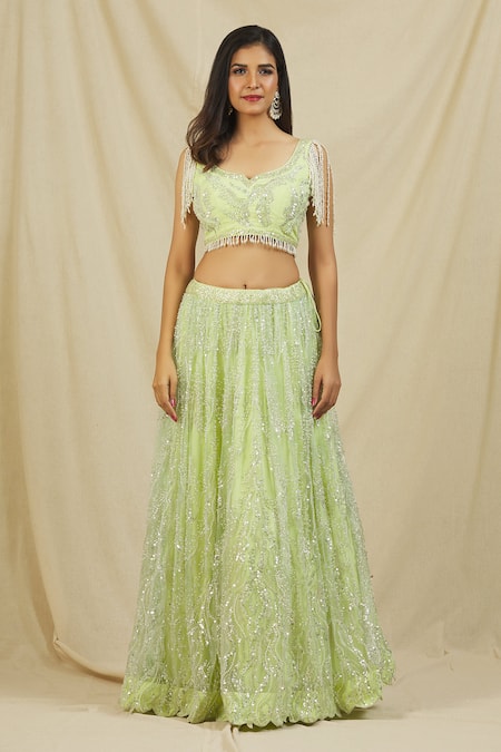 Rohini Bedi Green Net Embroidered Sequin Leaf Neck And Cut Dana Lehenga Set Online at Aza Fashions Rohini Bedi_Green Net Embroidered Sequin Leaf Neck And Cut Dana Lehenga Set _Online_at_Aza_Fashions