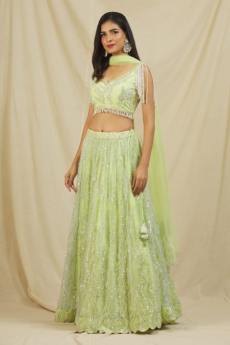 Buy Rohini Bedi Green Net Embroidered Sequin Leaf Neck And Cut Dana Lehenga Set Online at Aza Fashions Buy_Rohini Bedi_Green Net Embroidered Sequin Leaf Neck And Cut Dana Lehenga Set _Online_at_Aza_Fashions