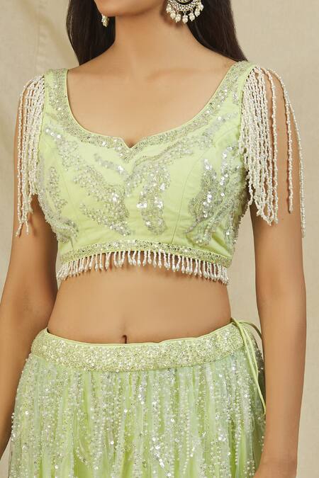 Shop Rohini Bedi Green Net Embroidered Sequin Leaf Neck And Cut Dana Lehenga Set Online at Aza Fashions Shop_Rohini Bedi_Green Net Embroidered Sequin Leaf Neck And Cut Dana Lehenga Set _Online_at_Aza_Fashions