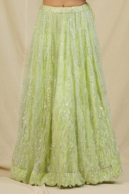 Rohini Bedi Green Net Embroidered Sequin Leaf Neck And Cut Dana Lehenga Set at Aza Fashions Rohini Bedi_Green Net Embroidered Sequin Leaf Neck And Cut Dana Lehenga Set _at_Aza_Fashions