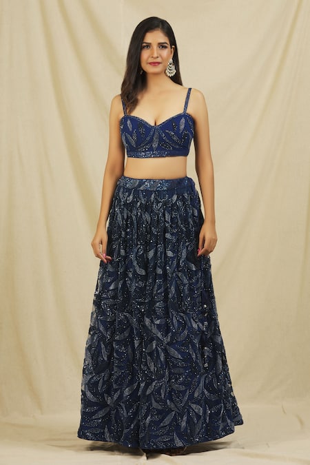 Rohini Bedi_Blue Net Embroidered Sequin Sweetheart Neck Cut Dana And Lehenga Set _Online_at_Aza_Fashions