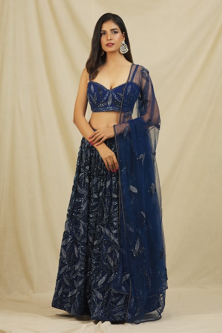 Buy_Rohini Bedi_Blue Net Embroidered Sequin Sweetheart Neck Cut Dana And Lehenga Set _Online_at_Aza_Fashions