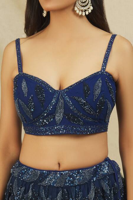 Shop_Rohini Bedi_Blue Net Embroidered Sequin Sweetheart Neck Cut Dana And Lehenga Set _Online_at_Aza_Fashions