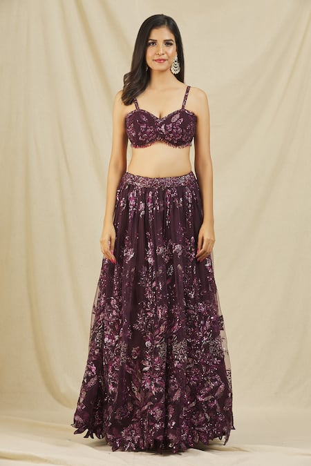 Rohini Bedi_Purple Net Embroidered Sequin And Thread Work Sweetheart Neck & Lehenga Set _Online_at_Aza_Fashions